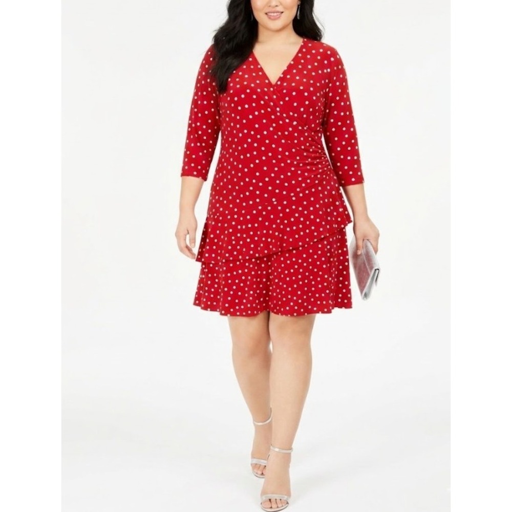 Signature by Robbie Bee Faux Wrap Dress 1X Red Polka Dot‎ Ruffle Tiered Stretch